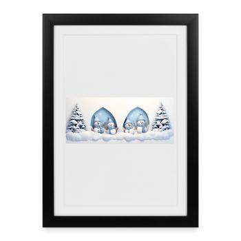 Petit bonhomme de neige avec sapins de noël - Affiche encadrée (27 × 37 cm) - noir - Devant