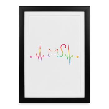 ECG Coloré du battement cardiaque du chat - Ligne de vie artistique pour chat - Affiche encadrée (27 × 37 cm) - noir - Devant
