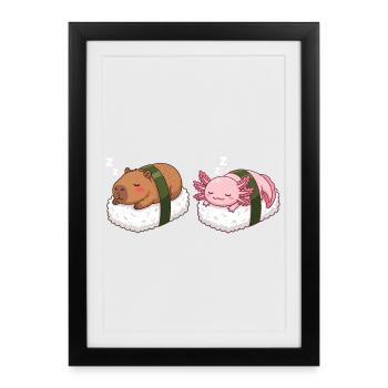 Kawaii Sushi Capybara & Axolotl Mignons Sommeil - Affiche encadrée (27 × 37 cm) - noir - Devant