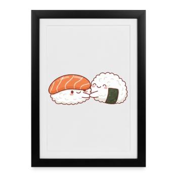 Câlin sushi kawaii amour de la Saint-Valentin Câlin sushi - Affiche encadrée (27 × 37 cm) - noir - Devant