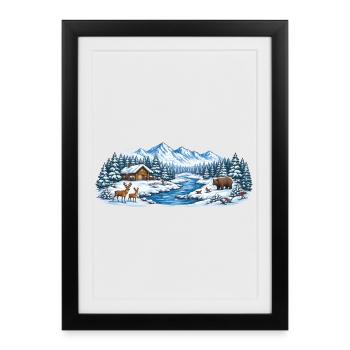 Cabane de la Forêt d’Hiver au bord de la rivière - Affiche encadrée (27 × 37 cm) - noir - Devant