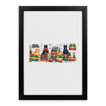 Des chats liseurs avec des piles de livres - Affiche encadrée (27 × 37 cm) - noir - Devant