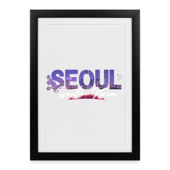 Écriture florale de la silhouette nocturne de Séoul - Affiche encadrée (27 × 37 cm) - noir - Devant
