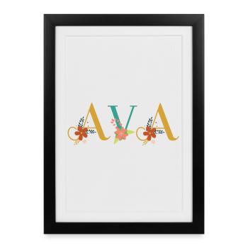Art du nom AVA avec des fleurs brodées - Affiche encadrée (27 × 37 cm) - noir - Devant
