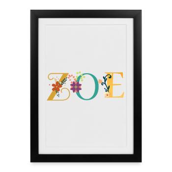 Art du prénom ZOE avec fleurs brodées - Affiche encadrée (27 × 37 cm) - noir - Devant