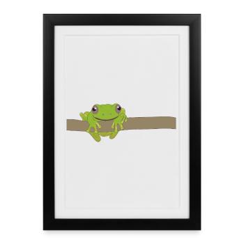 Grenouille verte sur une branche - Affiche encadrée (27 × 37 cm) - noir - Devant