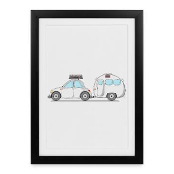 Car with caravan and suitcase in grey - Framed poster (27 × 37 cm) - black - Front