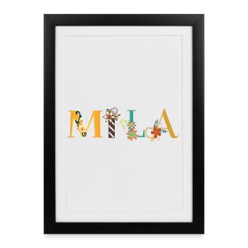 Art du nom MILA avec fleurs brodées - Affiche encadrée (27 × 37 cm) - noir - Devant