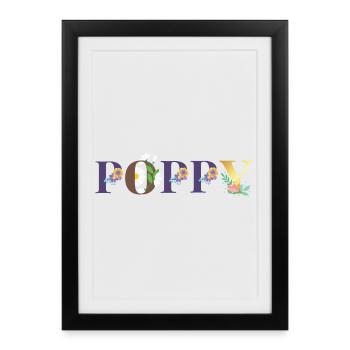 Art du nom du coquelicot avec des fleurs brodées - Affiche encadrée (27 × 37 cm) - noir - Devant