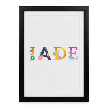 Nom JADE décoré de fleurs - Affiche encadrée (27 × 37 cm) - noir - Devant