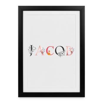 JACOB Art du nom avec fleurs brodées - Affiche encadrée (27 × 37 cm) - noir - Devant