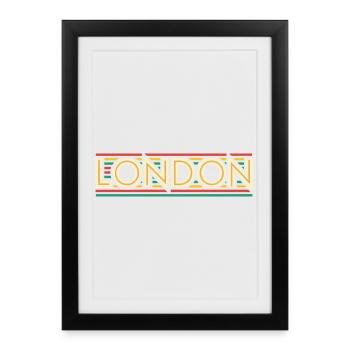 LONDON Néon Rétro sur Bandes Colorées - Affiche encadrée (27 × 37 cm) - noir - Devant