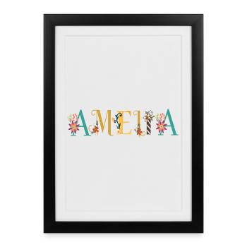 Art du nom AMELIA avec fleurs brodées - Affiche encadrée (27 × 37 cm) - noir - Devant