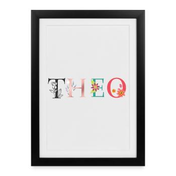 L’art du nom THEO avec des fleurs brodées - Affiche encadrée (27 × 37 cm) - noir - Devant