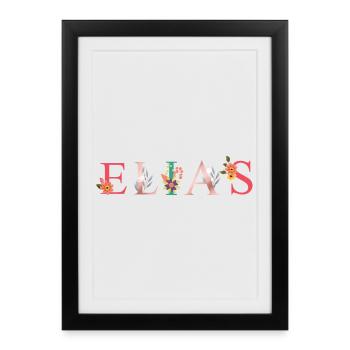 Art du nom ELIAS avec des fleurs brodées - Affiche encadrée (27 × 37 cm) - noir - Devant