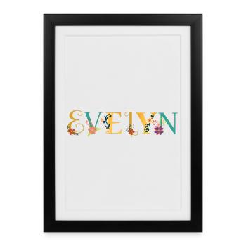 EVELYN Art du nom avec fleurs brodées - Affiche encadrée (27 × 37 cm) - noir - Devant