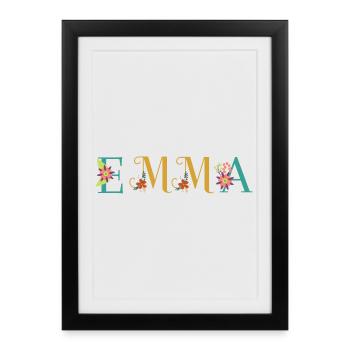 EMMA Name Art avec fleurs brodées - Affiche encadrée (27 × 37 cm) - noir - Devant
