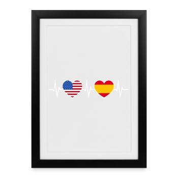 Espagne USA Amérique Battement de cœur Amour Amitié - Affiche encadrée (27 × 37 cm) - noir - Devant