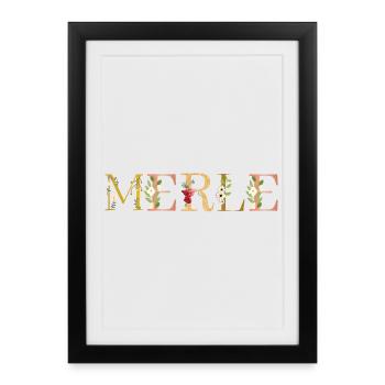 MERLE nom orné de fleurs - Affiche encadrée (27 × 37 cm) - noir - Devant