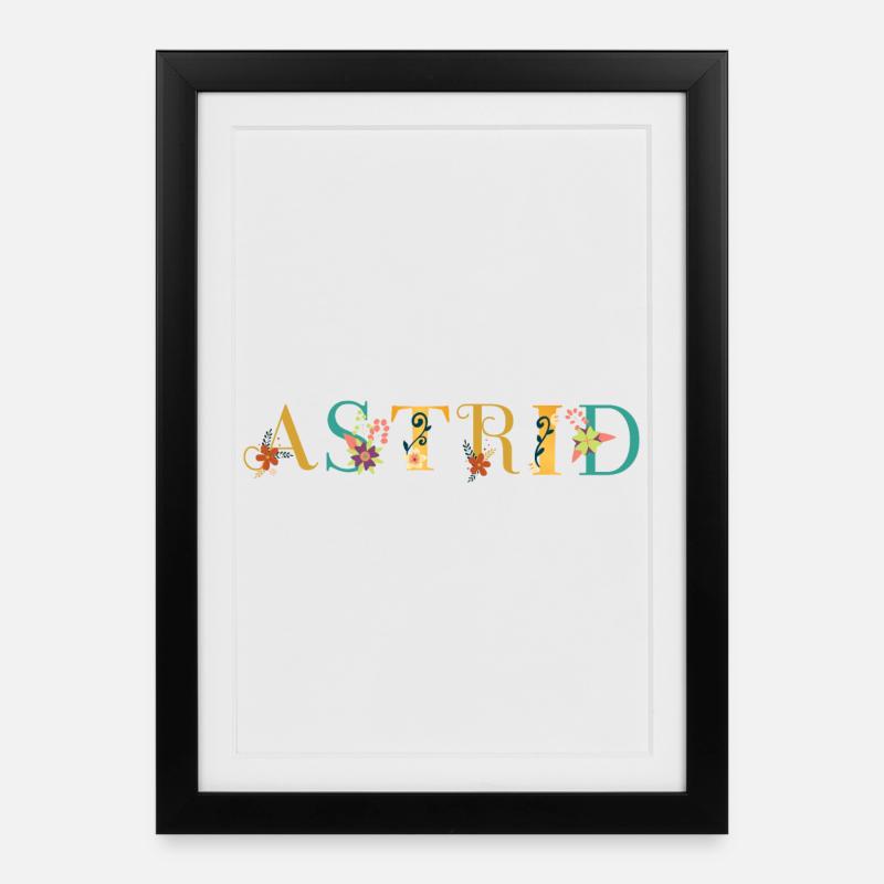 Art du nom ASTRID avec fleurs brodées - Affiche encadrée (27 × 37 cm) - noir