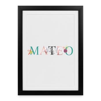 Art du nom MATEO avec fleurs brodées - Affiche encadrée (27 × 37 cm) - noir - Devant