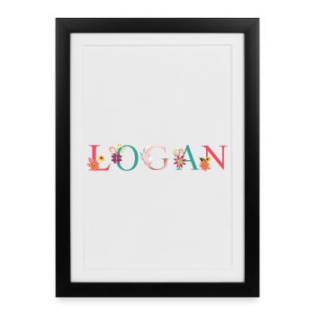 LOGAN Art du nom avec fleurs brodées - Affiche encadrée (27 × 37 cm) - noir - Devant