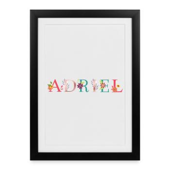ADRIEL Art du nom avec des fleurs brodées - Affiche encadrée (27 × 37 cm) - noir - Devant