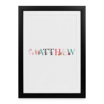 MATTHEW Name Art avec des fleurs brodées - Affiche encadrée (27 × 37 cm) - noir - Devant