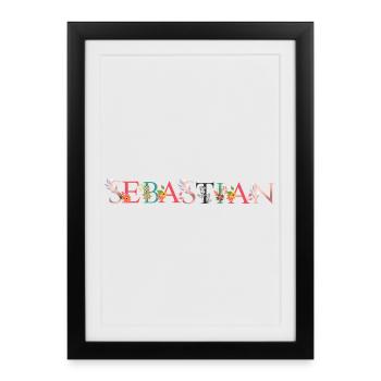 SEBASTIAN Art du nom avec fleurs brodées - Affiche encadrée (27 × 37 cm) - noir - Devant