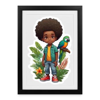 Kind mit Papagei umgeben von tropischer Natur - Gerahmtes Poster (27 × 37 cm) - Schwarz - Vorne