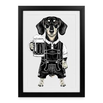Teckel Lederhosen Bière Bavière Costume Traditionnel Chien Drôle - Affiche encadrée (27 × 37 cm) - noir - Devant