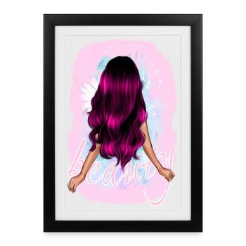 Fille femme beauté longs cheveux roses avec fleur - Affiche encadrée (27 × 37 cm) - noir - Devant