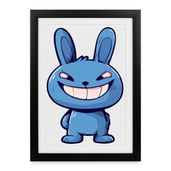 Evil Blue Bunny - Art animalier de dessin animé mignon effrayant - Affiche encadrée (27 × 37 cm) - noir - Devant