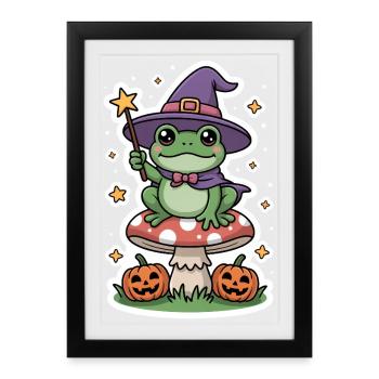 Halloween witch frog on fly agaric with pumpkin - Framed poster (27 × 37 cm) - black - Front