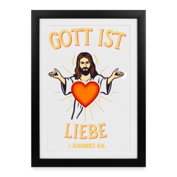 Jésus Cœur Amour Verset biblique Dieu est Amour - Affiche encadrée (27 × 37 cm) - noir - Devant