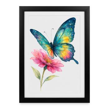 Papillon coloré et fleur - Affiche encadrée (27 × 37 cm) - noir - Devant