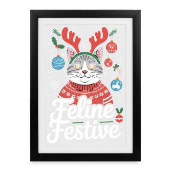 Feline Festive Lustige Weihnachtskatze Mit Geweih - Gerahmtes Poster (27 × 37 cm) - Schwarz - Vorne