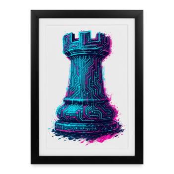 Tour d'Échecs Cyberpunk Néon Futuriste - Affiche encadrée (27 × 37 cm) - noir - Devant