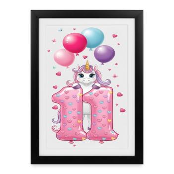 11 ans de Fille Mignonne Licorne 11e anniversaire - Affiche encadrée (27 × 37 cm) - noir - Devant