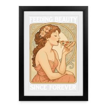 Art Nouveau Pizza Pin-Up - Feeding Beauty - Affiche encadrée (27 × 37 cm) - noir - Devant