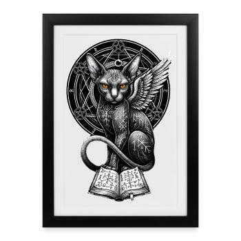 Winged cat with runes - Framed poster (27 × 37 cm) - black - Front