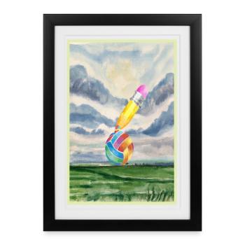 Paysage aquarelle avec boule - Affiche encadrée (27 × 37 cm) - noir - Devant
