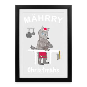 Kultiger Wolf Weihnachtsmütze, MÄHrry Christmähs - Gerahmtes Poster (27 × 37 cm) - Schwarz - Vorne