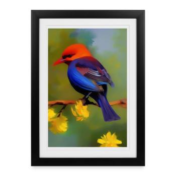 Oiseau sur branche avec fleurs - Affiche encadrée (27 × 37 cm) - noir - Devant