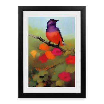 Oiseau sur branche avec des fleurs colorées - Affiche encadrée (27 × 37 cm) - noir - Devant