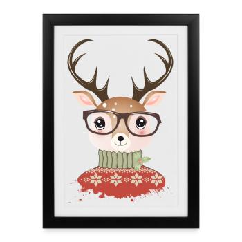 Cerf avec pull de Noël et lunettes de nerd - Affiche encadrée (27 × 37 cm) - noir - Devant