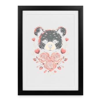 Adorable ours avec des roses et des coeurs - Affiche encadrée (27 × 37 cm) - noir - Devant