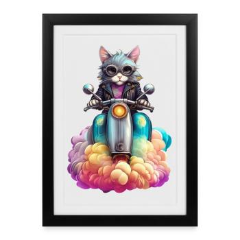 Cute biker cat on her vintage scooter - Framed poster (27 × 37 cm) - black - Front