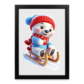 Winter bear on sled - Framed poster (27 × 37 cm) - black - Front