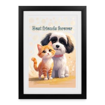 chien et chat animal enfants meilleurs amis pour toujours - Affiche encadrée (27 × 37 cm) - noir - Devant